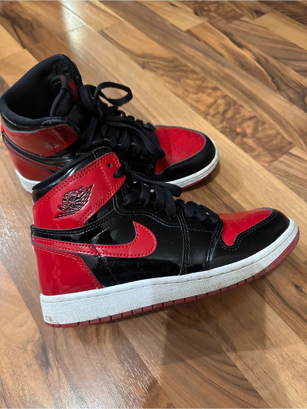 Kids Nike Air Jordan 1 Retro High OG Patent Bred Glossy Black and Red Sneakers